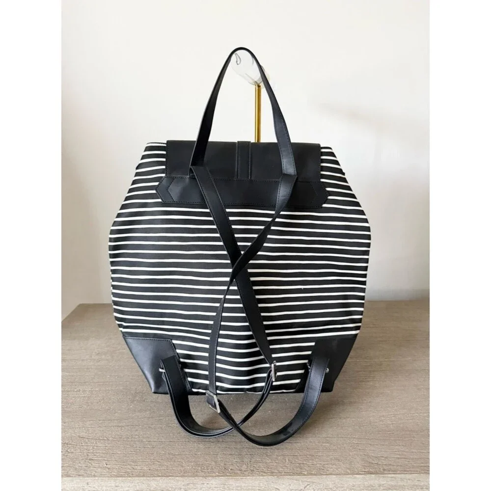 Stella & Dot Ava Backpack Nylon Black & White Stripe Silver Clasp